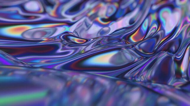 Iridescent liquid metal abstract background, with fluid motion, and holographic reflections