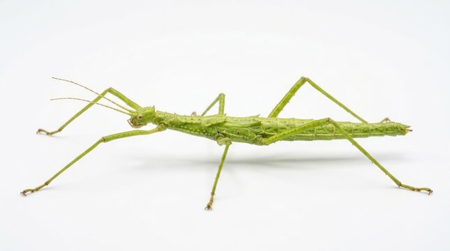 A detailed side view of a bright green stick insect isolated against a clean white studio background