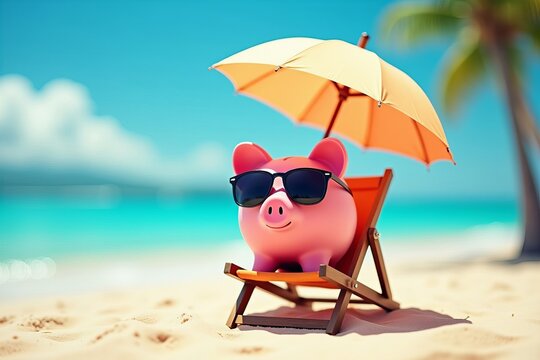 Adorable Piggybank Relaxing at the Beach with Sunglasses and Umbrella