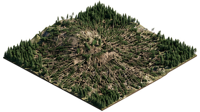 Isometric 3D render of a deforested mountain landscape isolated on a white background