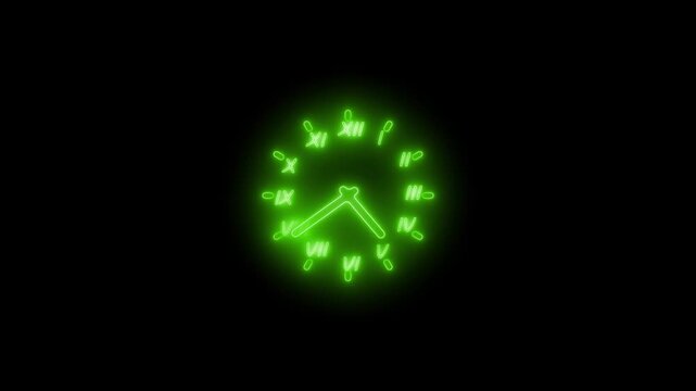 Glowing neon clock face minimalist luminous wall clock visible hour and minute hands and numeric markers animation