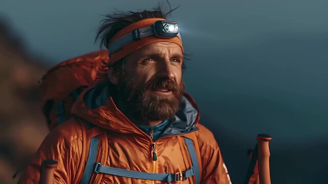A closeup portrait of a man outdoors, captured in a side profile. He wears a bright orange jacket with a hood, a headlamp, and a backpack. The man has a full beard and mustache, and his hair is.
