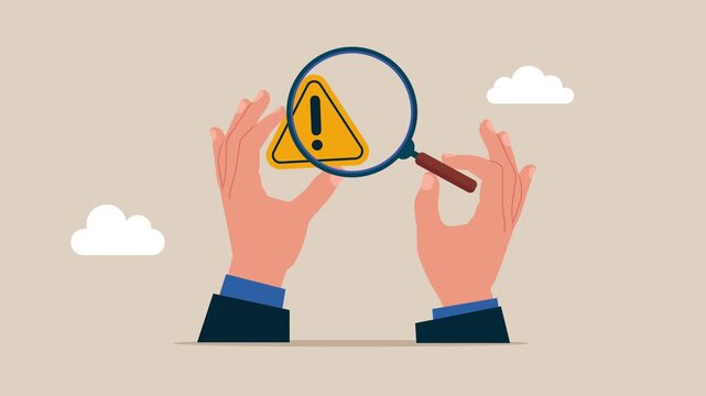 Hand human with magnifying glass and with exclamation attention sign. Root cause analysis or solving problem.
