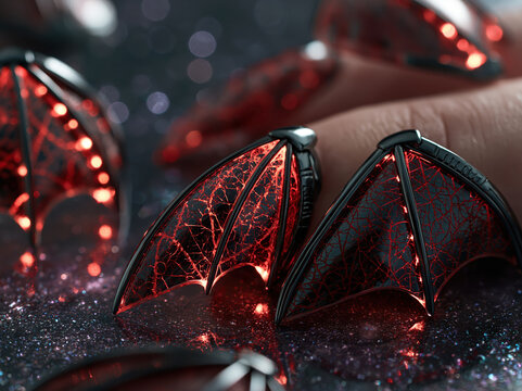 Cyber gothic nail design with futuristic bat wing structures, glowing red veins, reflective black chrome, cyberpunk luxury aesthetic, cosmic galaxy background, cinematic studio lighting, highly
