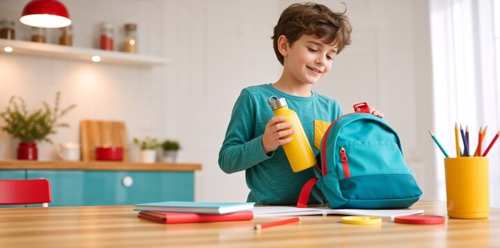 Young boy packing a yellow water bottle into a teal backpack in a modern kitchen. Smiling elementary student preparing school supplies and notebooks for the day