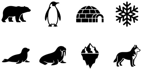 Arctic Animals, Igloo, Snowflake, Iceberg Icons: Polar Bear, Penguin, Seal, Walrus, Wolf © ArifIslam