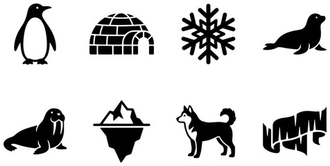 Arctic Animals, Igloo, Snowflake, Aurora Icons: Winter Wildlife & Cold Climate Vector Set © ArifIslam