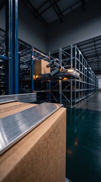 Automated robotic shuttle transporting cardboard boxes in a modern futuristic warehouse fulfillment center