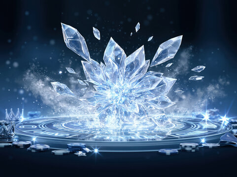 Frozen crystal burst over casino platform, glowing fragments exploding outward, frosty mist and luminous reflections, chips, crowns, stars, premium interface controls, elegant winter-casino vibe