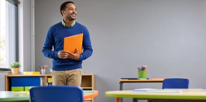 Smiling African American male teacher holding an orange folder in a classroom. Confident young educator standing in a colorful school room