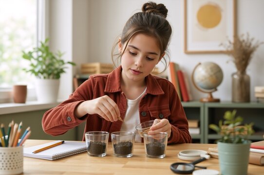 Young girl doing a science experiment with soil and seeds at home. Focused student learning about botany and nature. Educational project