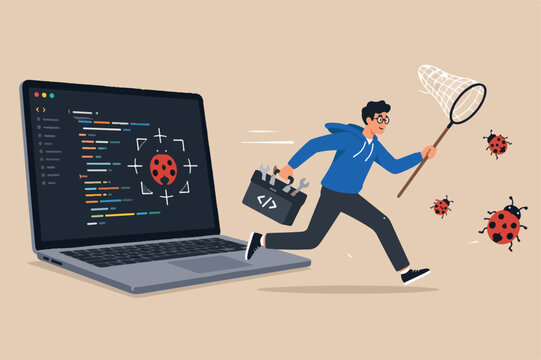 Programming debug search for application software bug and fix code concept, young nerd programmer, coder or software tester running from computer laptop using debugging tools catch ladybugs