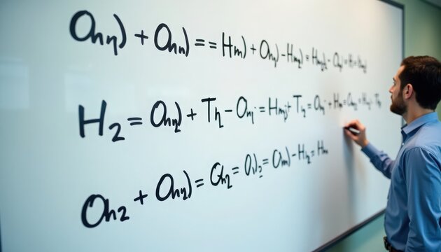 Educator explaining scientific equations on whiteboard in classroom environment. Teacher engaged in complex math process involving variables and calculations,