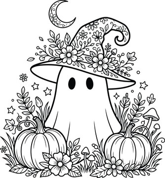 Cute ghost wearing a floral witch hat surrounded by pumpkins, autumn leaves, and mushrooms, black and white line for coloring book