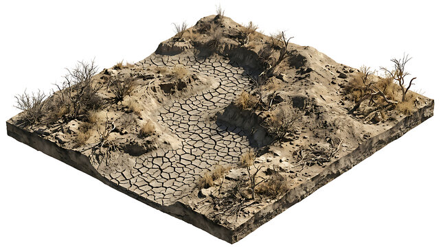 3D isometric piece of land with cracked dry soil and withered bushes isolated