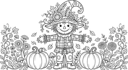 Obraz premium Cute scarecrow wearing a floral witch hat surrounded by pumpkins, autumn leaves, and mushrooms, black and white line for coloring