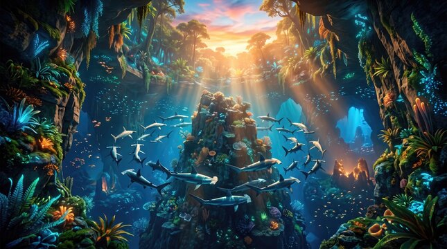 Fantasy underwater cave with light rays and fish - fantasy digital art landscape