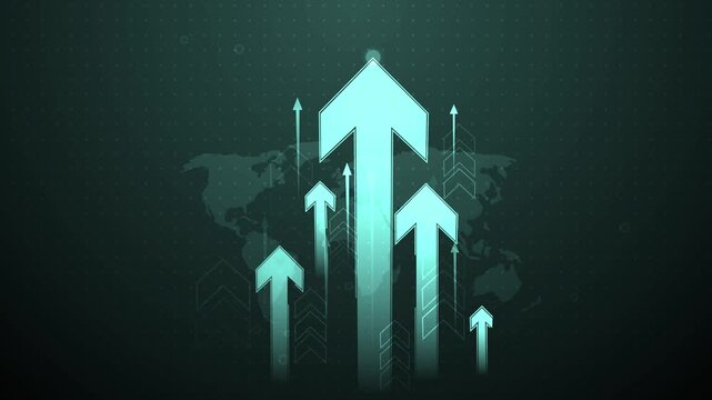 Abstract business growth concept with rising arrows over a world map background animation, Rising arrow progress success and global financial increase.