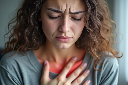 A young woman in distress, holding her chest with a pained expression.