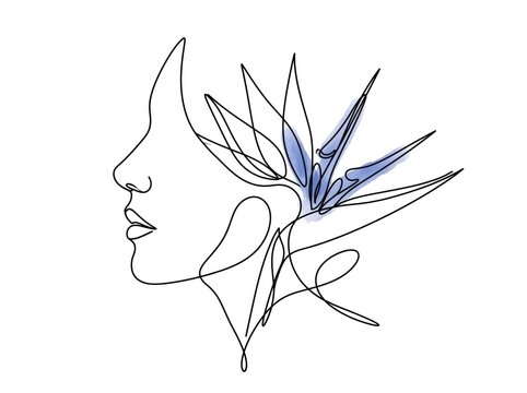 Woman profile with bird of paradise flower - line art floral portrait illustration