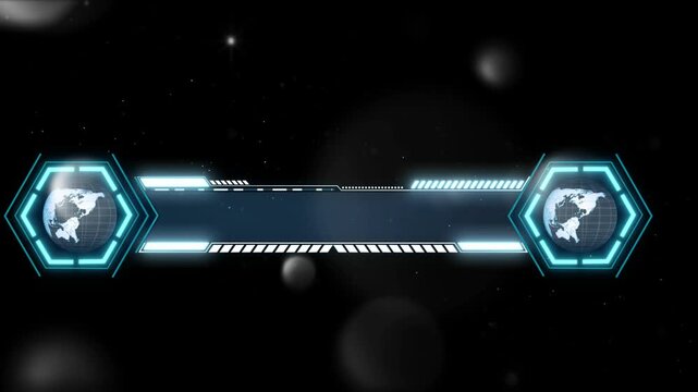 Futuristic blue hexagon earth interface animation with data bars with video glowing blue hexagonal frame rotating globe digital effects against dark background digital technology