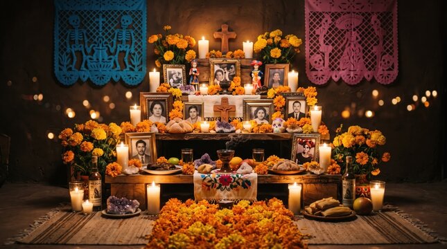 Traditional Dia de los Muertos altar decorated with marigold flowers, candles, framed family photos and colorful paper banners at night