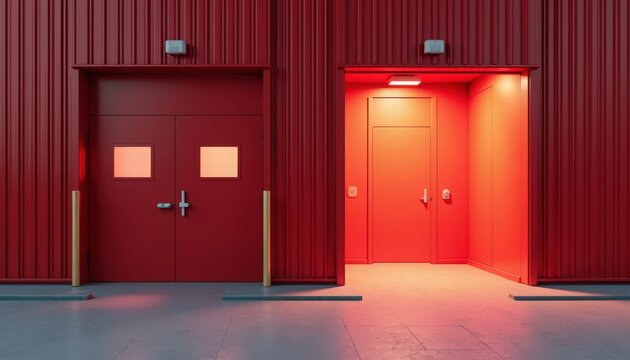 Red industrial doors with illuminated interiors showcasing distinct entrances and exits. These red doors create a striking visual contrast with surroundings,