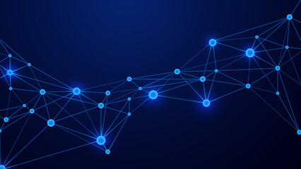 Abstract futuristic technology network background with glowing blue connection nodes, polygonal wireframe mesh, digital data communication, AI, cloud computing, blockchain and innovation banner © Abdullah9934