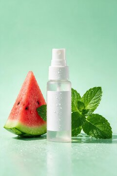 White spray bottle mockup with fresh watermelon slice and mint leaves covered in water drops on a green background.