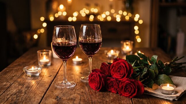 Two glasses of red wine on a rustic wooden table with red roses and glowing candles set for a romantic date night
