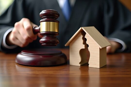 Judge Striking Gavel in Divorce Court with Split House Background