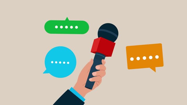 Press conference. Hand holding microphones. Media interview with speech bubbles. 