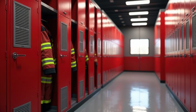 Firefighter lockers in red hallway with uniforms hanging and bright lights illuminating space.