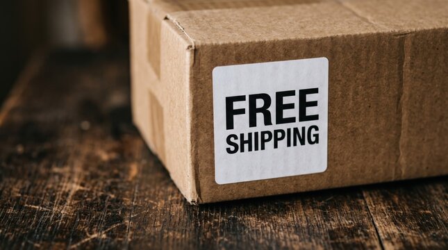 Close-up of a cardboard shipping box on a rustic wooden table bearing a white free shipping label