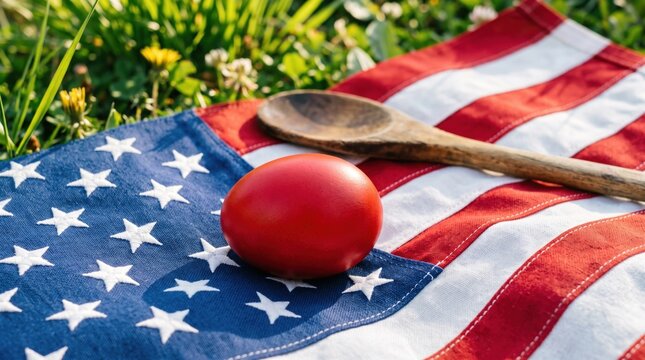 Bright red dyed Easter egg resting on a folded flag beside a wooden spoon on green spring grass