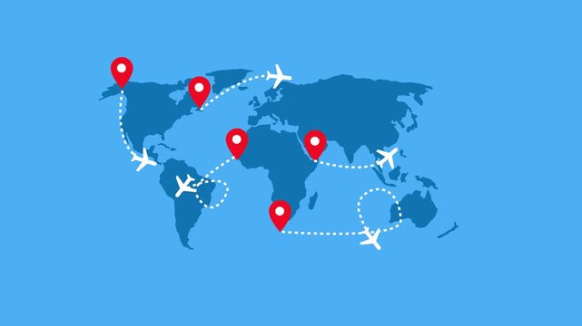 Flat world map with location pins and airplanes connected by dotted routes animation