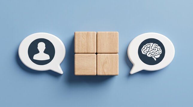 Wooden blocks set between a person icon and a brain icon inside speech bubbles, representing human thought and mental processing
