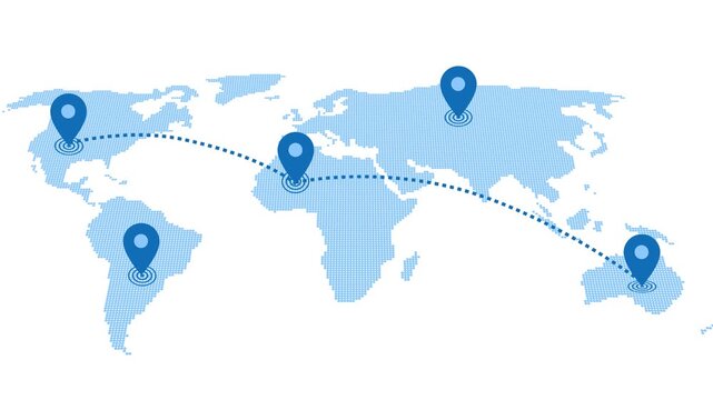Stylized world map with halftone continents map pins connected by dashed arc showing global route animation