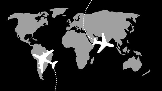 Stylized flat world map with two airplanes and dotted flight paths simple travel/transport concept animation