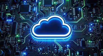 Fototapeta premium Futuristic cloud computing icon, neon blue digital circuit board background, tech data storage concept