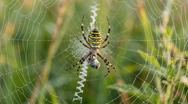 A close up macro shot of a wasp spider sitting in its web in a green meadow environment