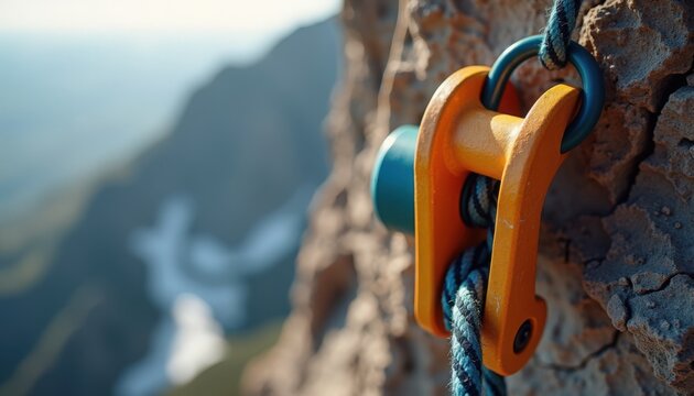 Climbing gear with pulley and rope on rocky mountain cliff with breathtaking view. Climbing gear includes orange pulley system and durable rope secured on rugged rock.