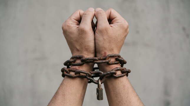 Close-up of hands bound together with heavy metal chains against a plain grey background, symbolizing captivity