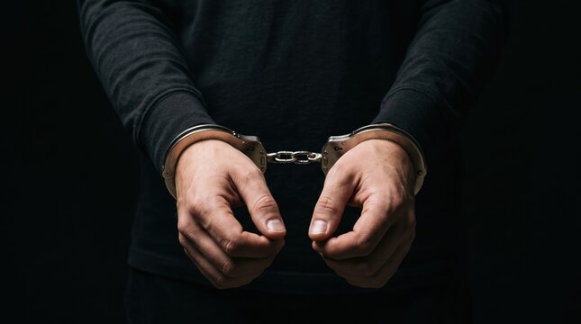 Close-up of handcuffed wrists isolated against a dark background, representing arrest and legal consequence