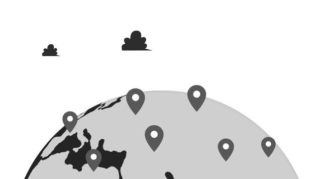 Stylized globe with map pins marking locations on earth sky with small clouds animation