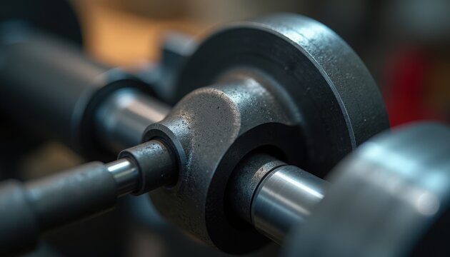 Close-up of gym equipment showing weights and barbell components in training area. Equipment includes heavy metal weights for strength training and bodybuilding exercises.