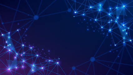 Abstract futuristic technology network background with glowing blue connection nodes, polygonal wireframe mesh, digital data communication, AI, cloud computing, blockchain and innovation banner © Abdullah9934