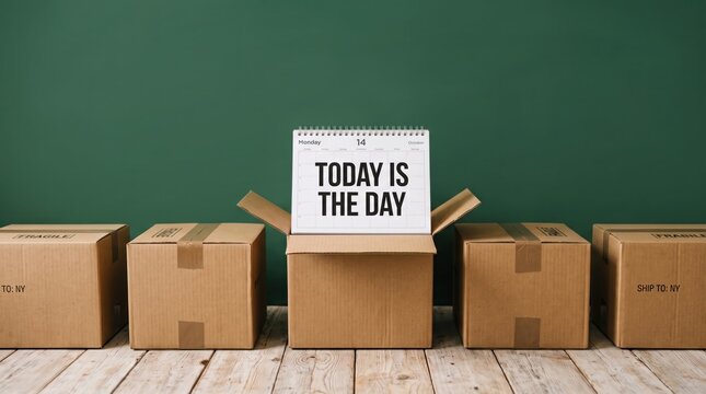 Row of brown cardboard moving boxes on a wooden floor beside a sign reading today is the day