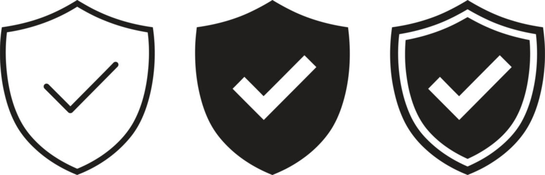 Set of three shield icons with check marks featuring a clean and modern design style including a bold black silhouette.