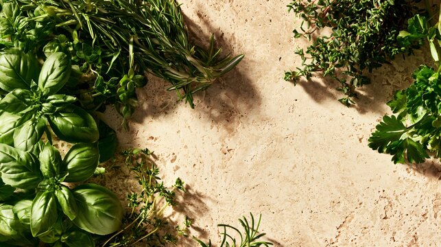 A top-down flat lay of fresh herbs including basil, rosemary, thyme, and parsley arranged naturally across warm travertine stone under Mediterranean sunlight, expansive copy space